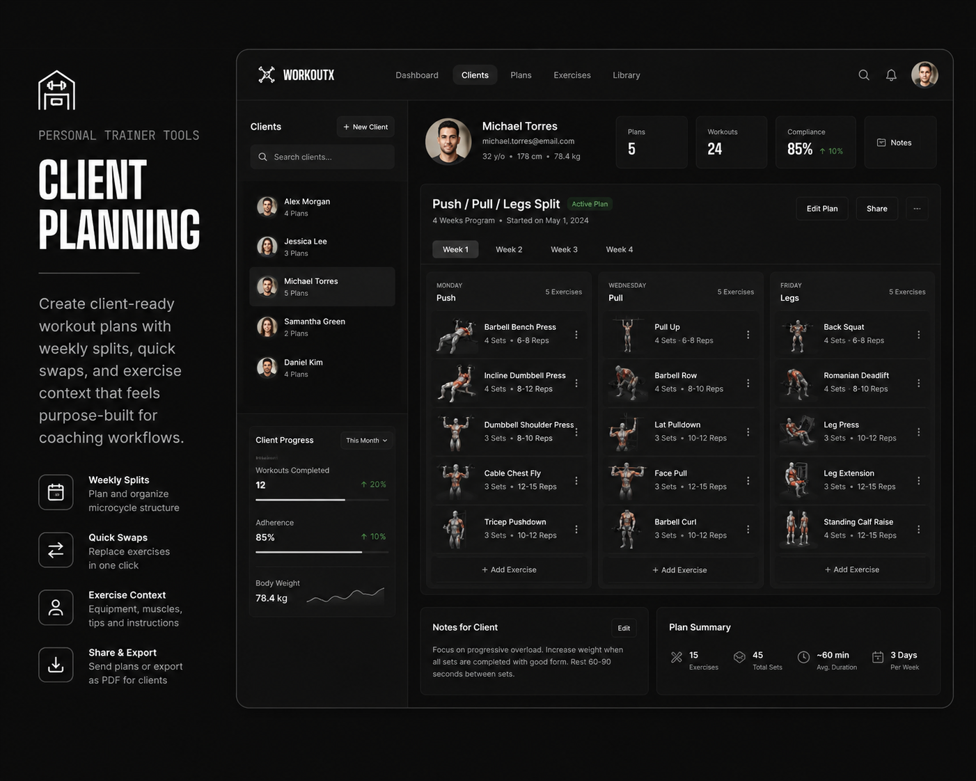 WorkoutX Personal Trainer Tools Client Planning